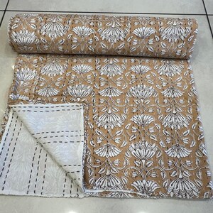 Block Print Hand Stitched Kantha Quilt, Pure Soft Cotton Indian Floral Print Reversible Kantha Quilt, Indian Beautiful Kantha Quilt Throw.