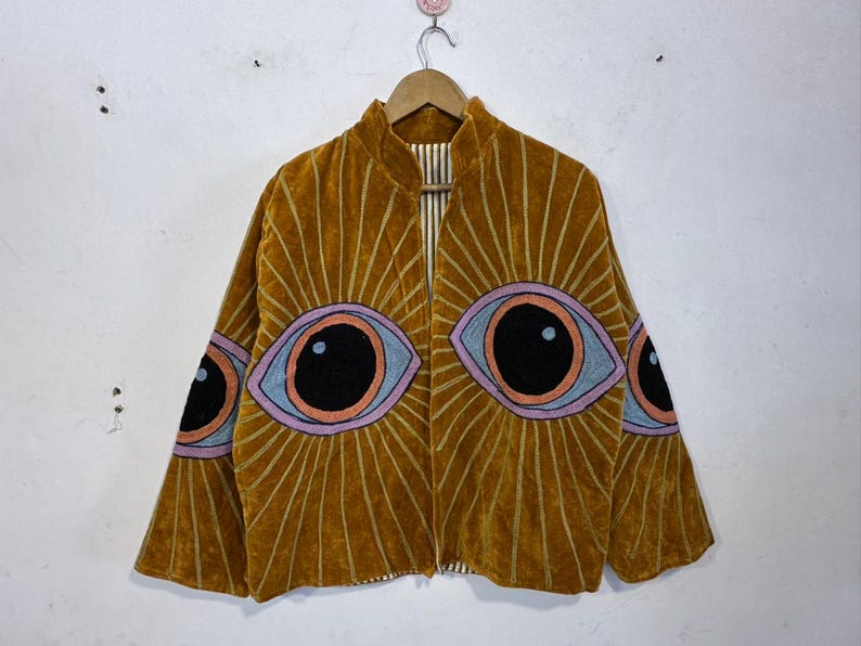 Evil Eye Threads Work Velvet Suzani Jacket For Men And Women's - Boho Hippie Style Handmade Embroidery Work Partywear Jacket - image 3