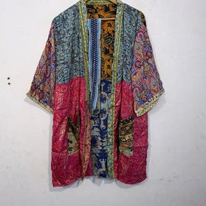 Bohemian Floral Printed Silk Patchwork Bath Robe - Bridesmaid Comfortable Front Open Night Wear For Women's - Boho Patchwork Short Kimono -