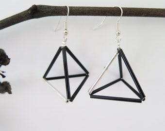 Black and silver Murano glass earrings, pyramid mount