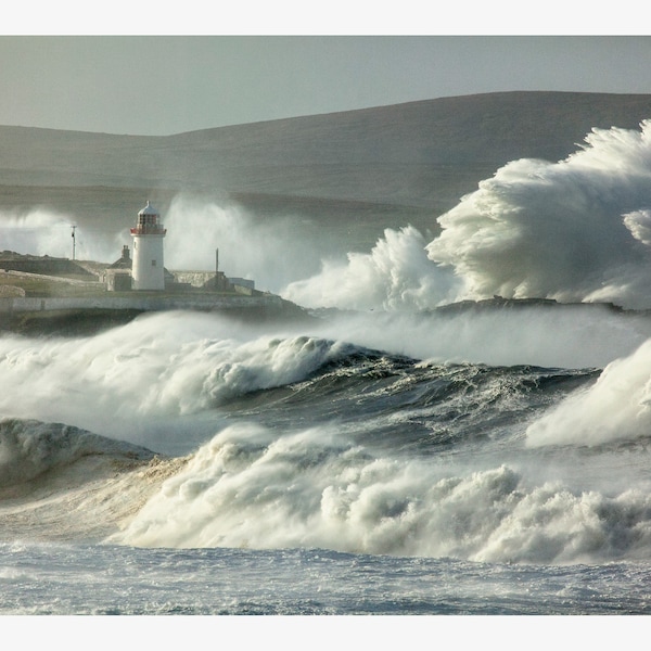 Lighthouse Storm, Mayo, IRELAND PHOTOGRAPHY. Irish wall art Ireland pictures, framed print, fine art landscape photo, home decor stormy sea