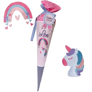 Cône scolaire « Licorne avec Arc-en-ciel » 70 cm ou 80 cm avec broderies féériques et prénoms brodés de texte - nombreux tissus au choix