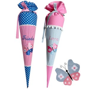 Schoolkegel &quot;Vlinder&quot; 70 cm of 80 cm geborduurd met naam - veel stoffen om uit te kiezen