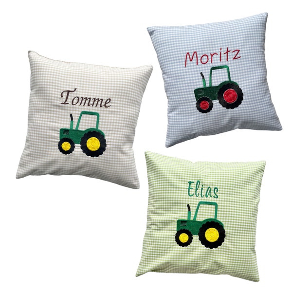 Oreiller/coussin prénom "Trecker/Tractor" brodé du nom - 2 tailles et nombreux tissus au choix