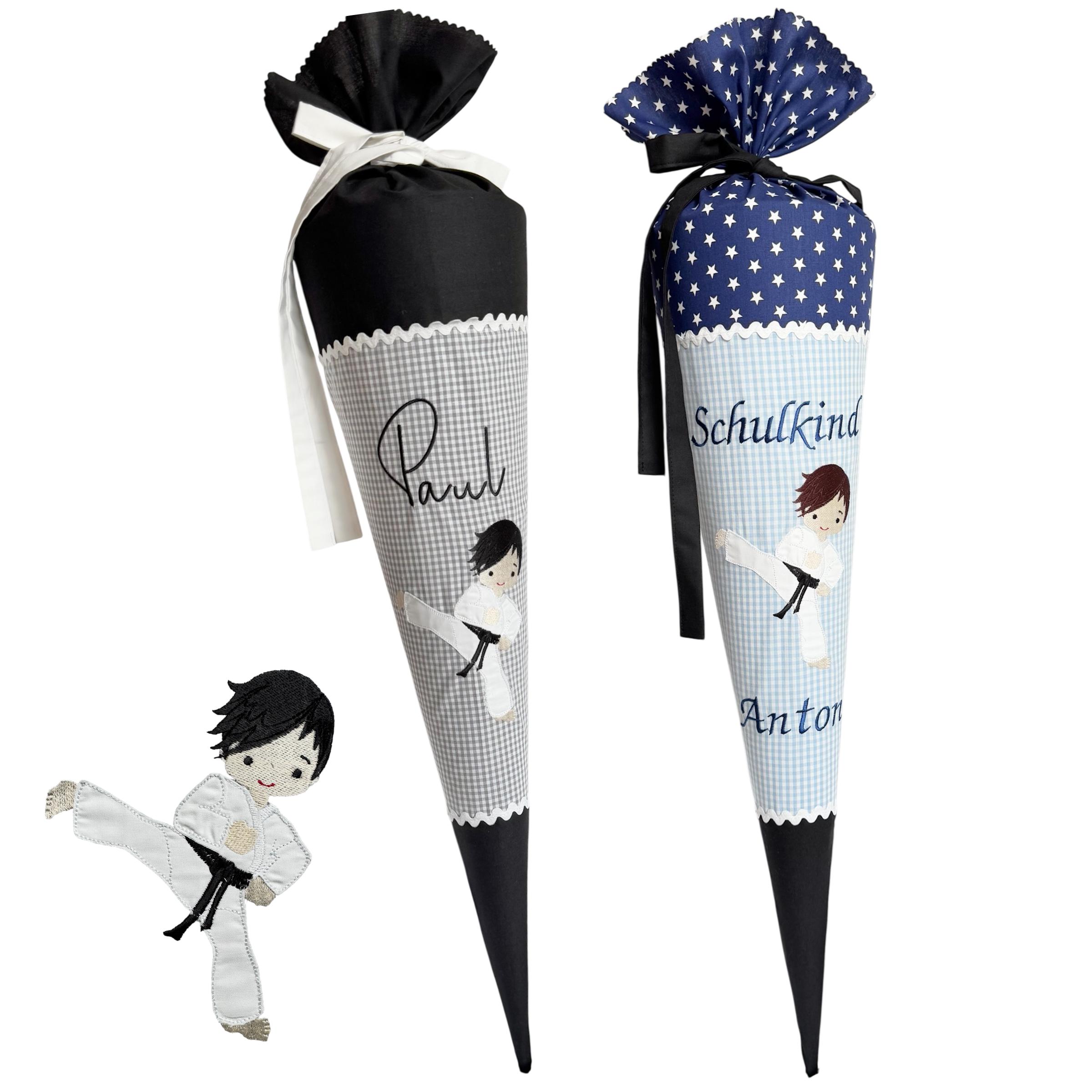 School cone "Karate" embroidered with name 70 cm or 80 cm - many fabrics to choose from