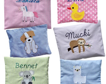 Almofada térmica/almofada de caroço de cereja bordada com nome e motivo - vários tecidos e motivos à escolha