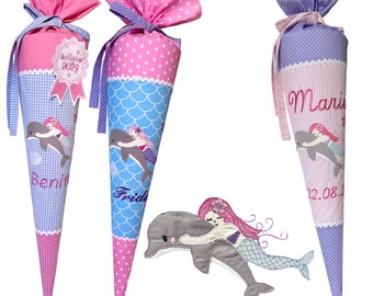 Schultüte "Meerjungfrau mit Delfin und Muscheln" 70cm oder 80cm bestickt mit Namen und/ oder Datum - viele Stoffe zur Auswahl