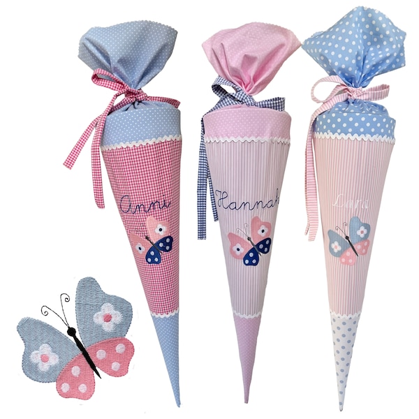 School cone "Butterfly" 70 cm or 80 cm embroidered with name and/or date - many fabrics to choose from