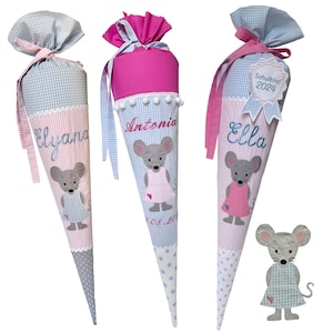 Cône scolaire "Souris" 70 cm ou 80 cm - brodé du prénom - nombreux tissus au choix
