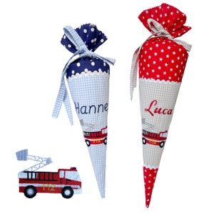 Petit cône scolaire "Pompiers" 35 cm ou 50 cm brodé avec prénom - nombreux tissus au choix