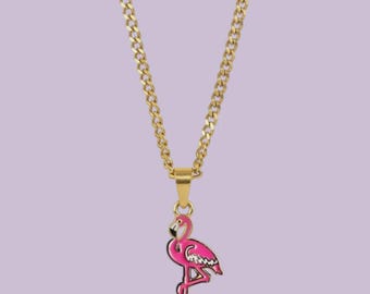 Enamel Flamingo Pendant with IP Gold Stainless Steel Chain