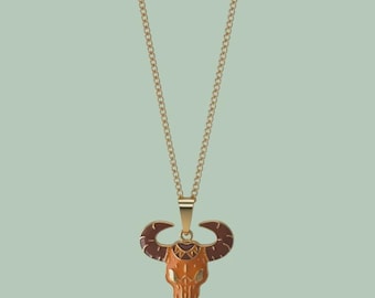 Western Cowboy Bull Skull Enamel Pendant with IP Gold Stainless Steel Chain