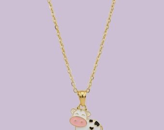 Lazy Daisy the Dairy Cow Enamel Pendant with IP Gold Stainless Steel Chain