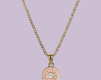 Delicious looking Doughnut Enamel Pendant with IP Gold Stainless Steel Chain