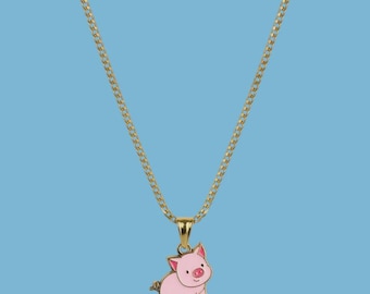 Oinking Ollie the Pig Enamel Pendant with IP Gold Stainless Steel Chain