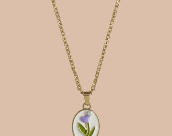 Purple Flower in a vintage oval style Enamel Pendant with IP Gold Stainless Steel Chain