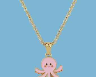 No Thoughts Pink Octopus Enamel Pendant with IP Gold Stainless Steel Chain