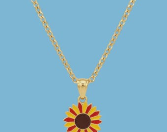 Sunflower Enamel Pendant with IP Gold Stainless Steel Chain