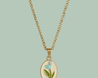 Blue Flower in a vintage oval style Enamel Pendant with IP Gold Stainless Steel Chain