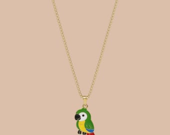 Kiwi Parrot Enamel Pendant with IP Gold Stainless Steel Chain