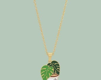 Leafy Plant Enamel Pendant with IP Gold Stainless Steel Chain