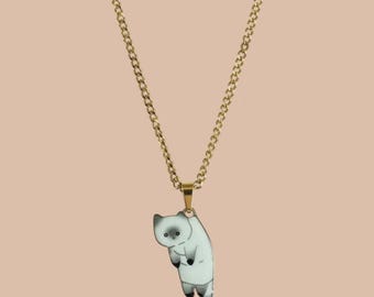 White Bad Kitty Cat Enamel Pendant with IP Gold Stainless Steel Chain