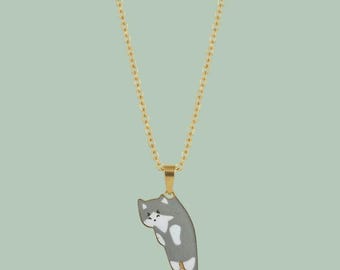 Grey Bad Kitty Cat Enamel Pendant with IP Gold Stainless Steel Chain