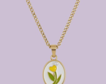 Yellow Flower in a vintage oval style Enamel Pendant with IP Gold Stainless Steel Chain