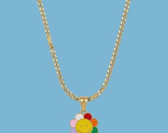 Smiling Colourful Flower Enamel Pendant with IP Gold Stainless Steel Chain