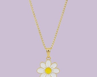 White Daisy Flower Enamel Pendant with IP Gold Stainless Steel Chain