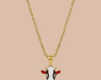 Cow Head 3D Enamel Pendant with IP Gold Stainless Steel Chain