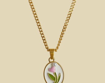 Pink Flower in a vintage oval style Enamel Pendant with IP Gold Stainless Steel Chain