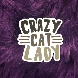 May include: A white sticker with black text that reads "Crazy Cat Lady" on a purple fuzzy background.