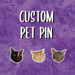 May include: Three custom pet pins featuring different cats. The pins are white with black outlines and feature a black and white cat, a ginger cat, and a tabby cat.
