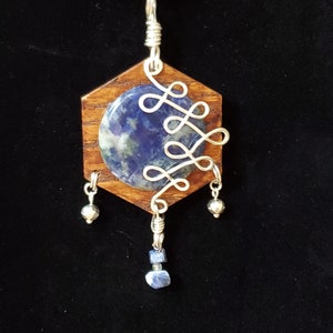 Sodalite stained wood and wire wrapped pendant