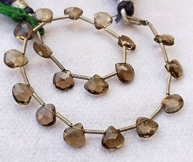 7 mm 18 pcs Natural Sparkly Smoky Quartz Briollete Faceted Hearts 8 inch Beads Half Strand AAA