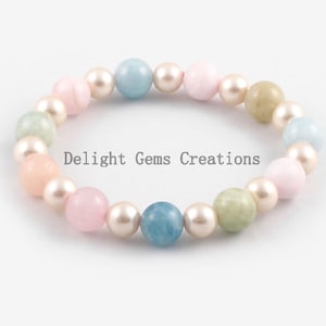 Natural Pearl, Aquamarine, Rose Quartz Beaded Bracelet, 10mm/8mm Multi Stone Smooth Round Beads Bracelet, Friendship Bracelet, Gift For Her