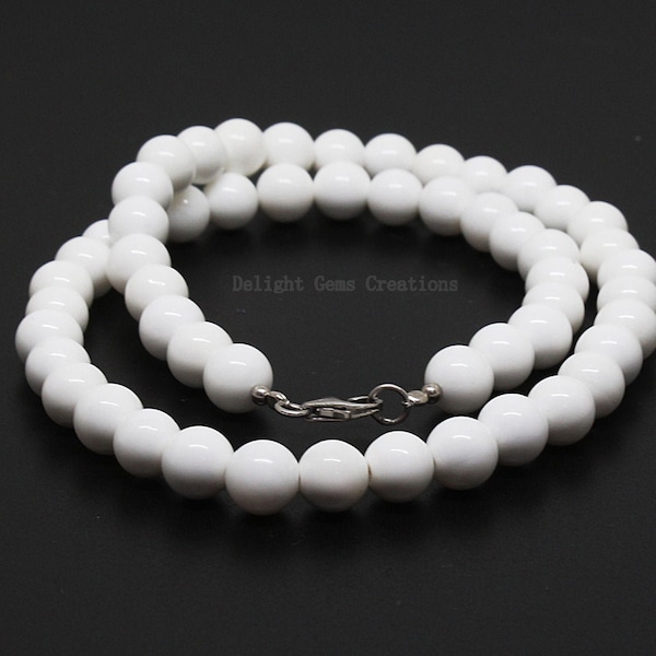 Natural Gem White Onyx 8mm Smooth Round Beads Necklace, White Onyx Necklace Jewelry,Beaded Necklace,Semi Precious White Stone Bead Necklace