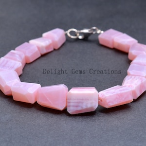 Pink Opal Bracelet, 10x11-11x13mm Pink Opal Faceted Tumble Beads Bracelet, Opal Gemstone Bracelet, Sterling Silver,Best Friend Gift Bracelet