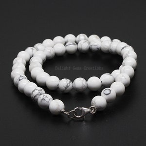 Howlite Perlen-Halskette, 8 mm Howlite Natürliche weiße Perlen-Halskette, Howlite Edelstein-Perlen-Halskette 18-Zoll-glatte runde Perlen Howlite Schmuck