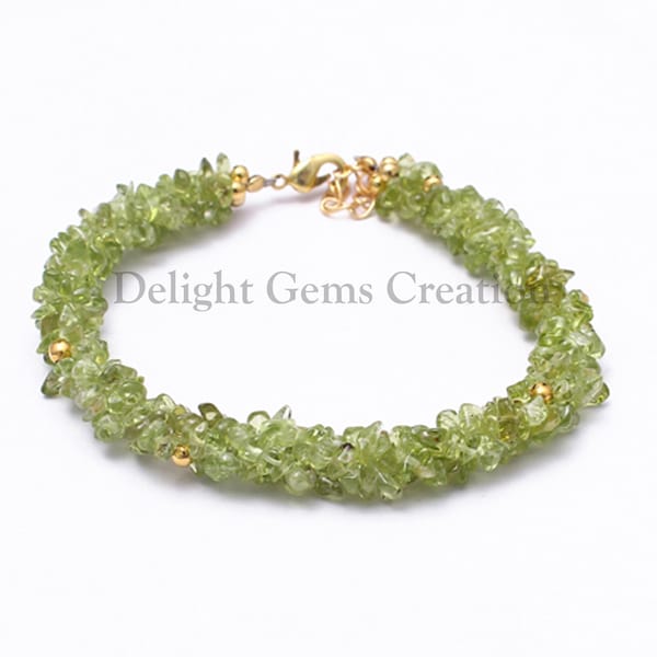 Pulsera de chips de peridoto, pulsera de cuentas de peridoto verde natural, pulsera de virutas, pulsera de cuerda de 8 mm de espesor, pulsera de cerradura chapada en oro de piedras preciosas