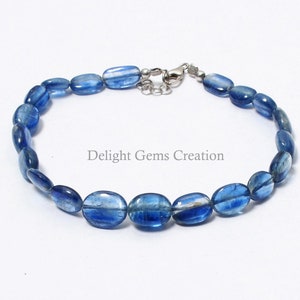 Kyanite Blue Flat Oval Beads Bracelet, 6x9mm- 9x11mm Blue Kyanite Beaded Bracelet, AAA++ High Quality Beads, Birthday Gift, Women&#39;s Bracelet