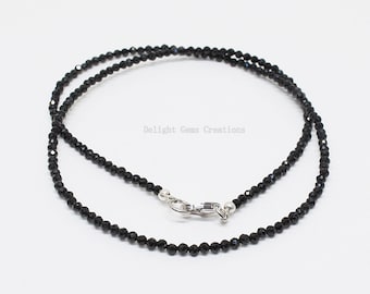 Natural Black Spinel Beaded Necklace, 2mm Black Spinel Micro Faceted Round Beads Necklace, Sparkling Black Bead Necklace Minimalist Jewelry