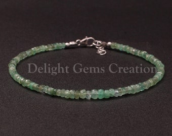 Emerald Beaded Bracelet, 3-3.5mm Emerald Faceted Rondelle Beads Bracelet, 18 Cts./ Delicate Natural Green Emerald Gemstone Bracelet Jewelry