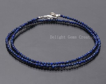 Lapis Lazuli Beaded Necklace, 2.5mm Blue Lapis Lazuli Micro Faceted Round Bead Necklace, Semi Precious Blue Tiny Beads Necklace 18 - 36 Inch