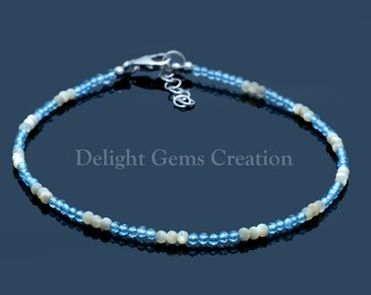 Blue Topaz Pearl Beaded Bracelet, Dainty Gemstone Bracelet