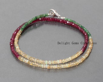Ruby Emerald Opal Beaded Necklace, Faceted Rondelle Gemstone