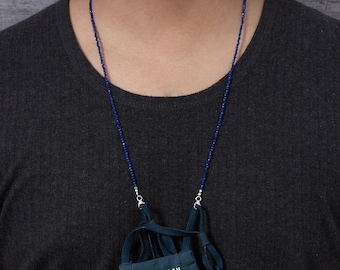 Cadena para máscara de lapislázuli, plata de ley 925, soporte para gafas con cuentas