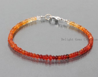 Pulsera de ópalo de fuego mexicano, cuentas redondas de plata de ley, 7.5 pulgadas
