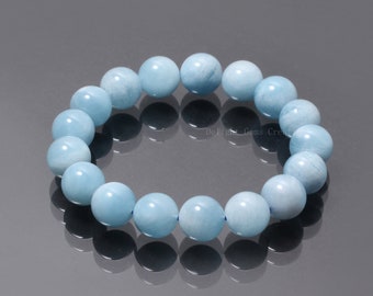 Natuurlijke aquamarijn stretcharmband, 12 mm blauwe aquamarijn gladde ronde kralenarmband, elastische rekbare AAA++ aquaberylarmband